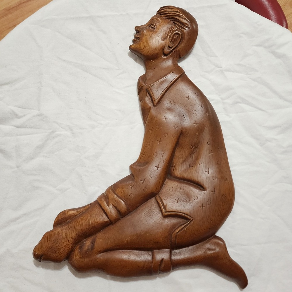 Vintage Hand Carved Wood Kneeling Boy Wall Plaque Mid Century Relief Sculpture